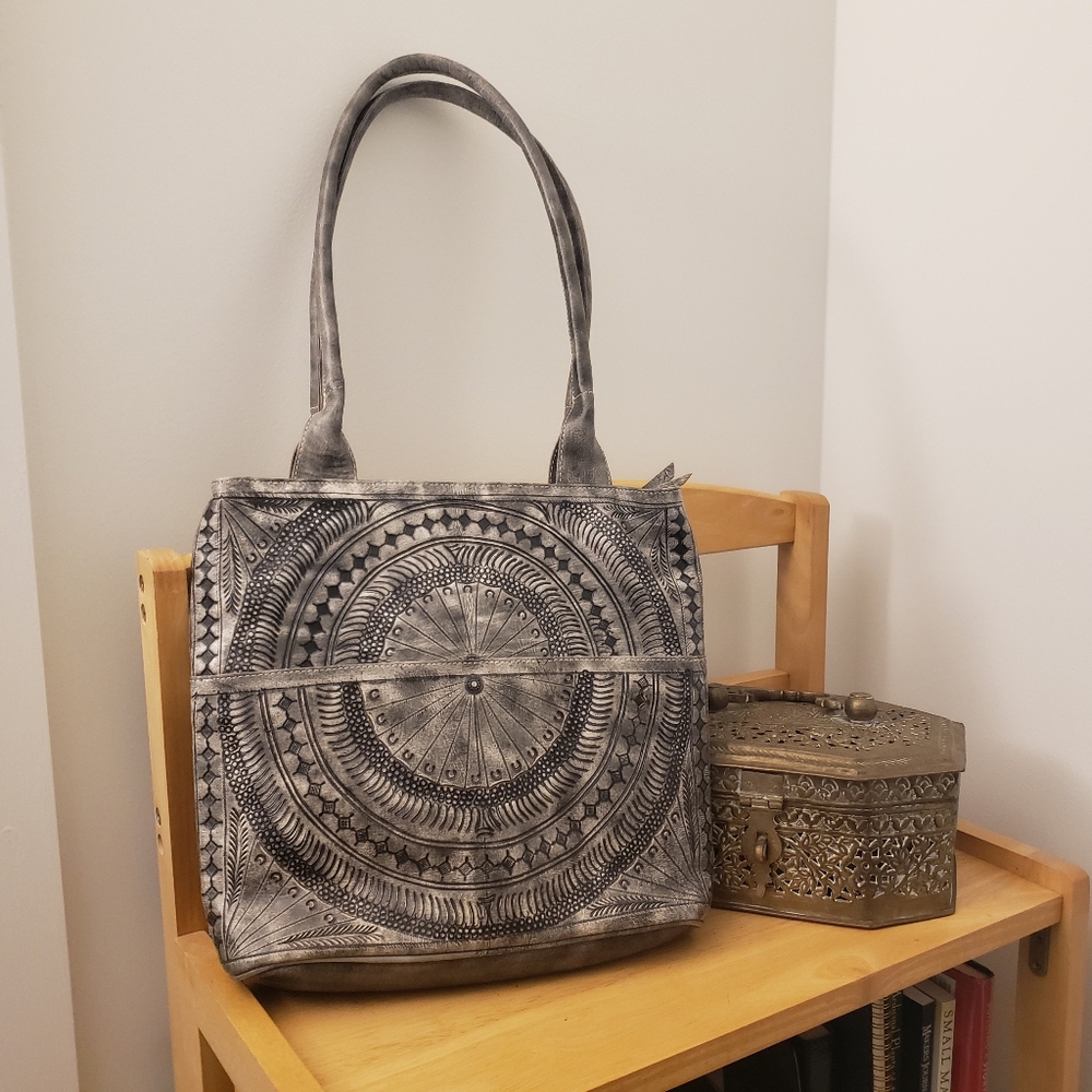 Gray Leather Mandala Bag